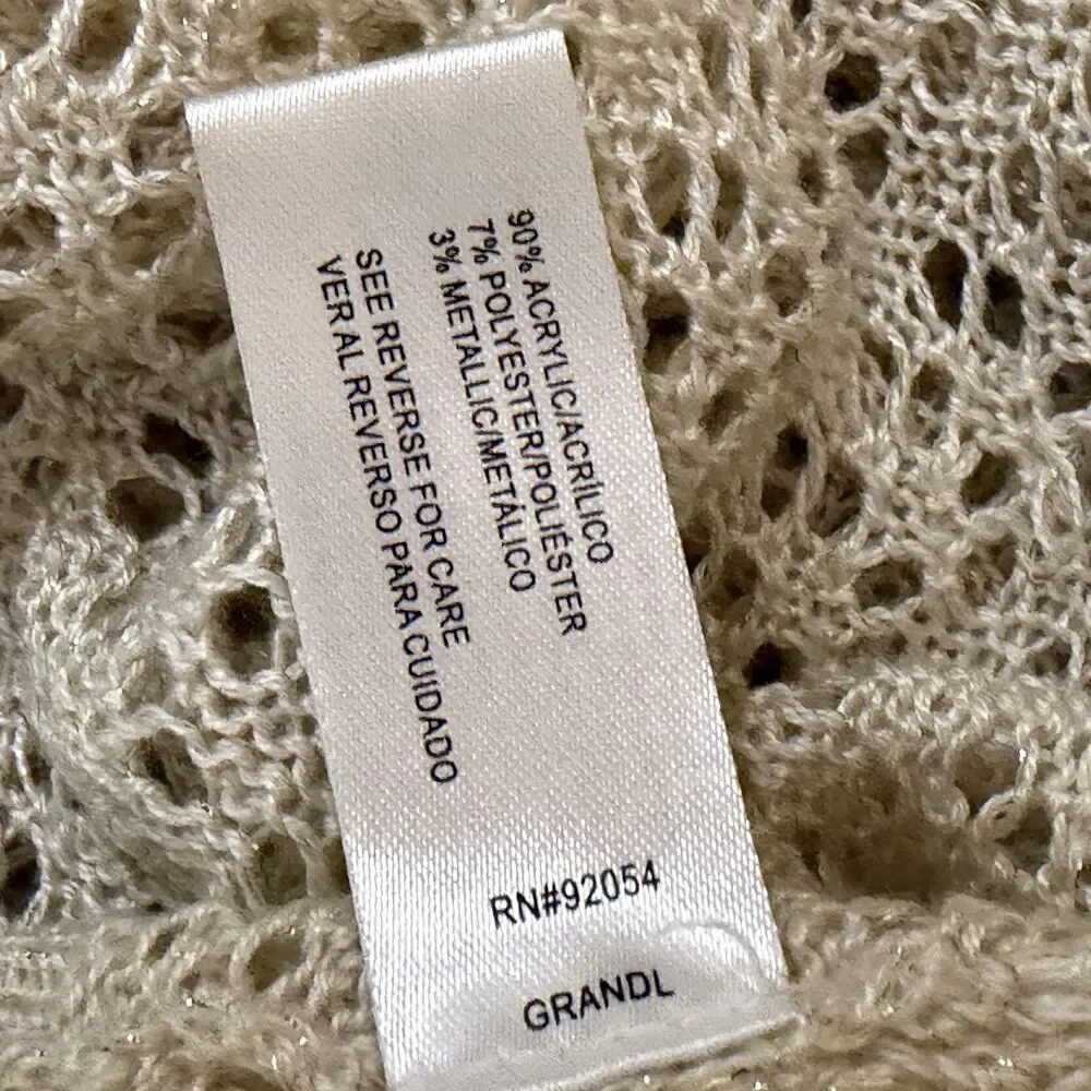 80 Park Cardigan Sweater Open Knit Open Front Beige Metallic Gold XL